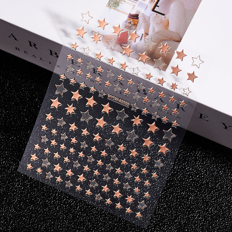 3D Gold Sun Moon Star Bronzing Nail Art Sticker, Laser Star Moon Design, Self-Adhesive Slider Decals in Gold, Silver