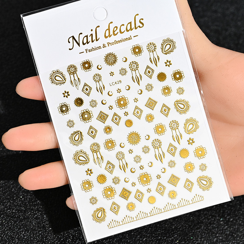 3D Gold Sun Moon Star Bronzing Nail Art Sticker, Laser Star Moon Design, Self-Adhesive Slider Decals in Gold, Silver