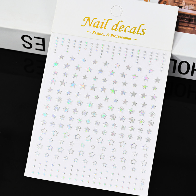 3D Gold Sun Moon Star Bronzing Nail Art Sticker, Laser Star Moon Design, Self-Adhesive Slider Decals in Gold, Silver