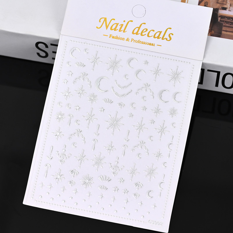 3D Gold Sun Moon Star Bronzing Nail Art Sticker, Laser Star Moon Design, Self-Adhesive Slider Decals in Gold, Silver