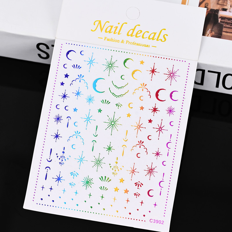 3D Gold Sun Moon Star Bronzing Nail Art Sticker, Laser Star Moon Design, Self-Adhesive Slider Decals in Gold, Silver