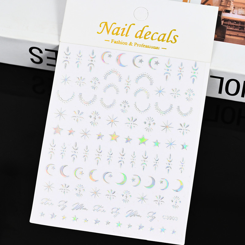 3D Gold Sun Moon Star Bronzing Nail Art Sticker, Laser Star Moon Design, Self-Adhesive Slider Decals in Gold, Silver