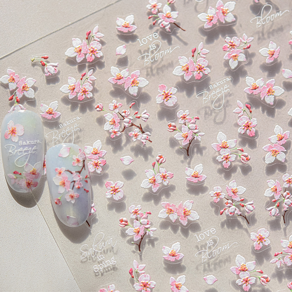 Flowers Blooming Cherry Blossom Sakura Nail Art Stickers, 5D Soft Relief Spring Adhesive Manicure Decals for a Chic