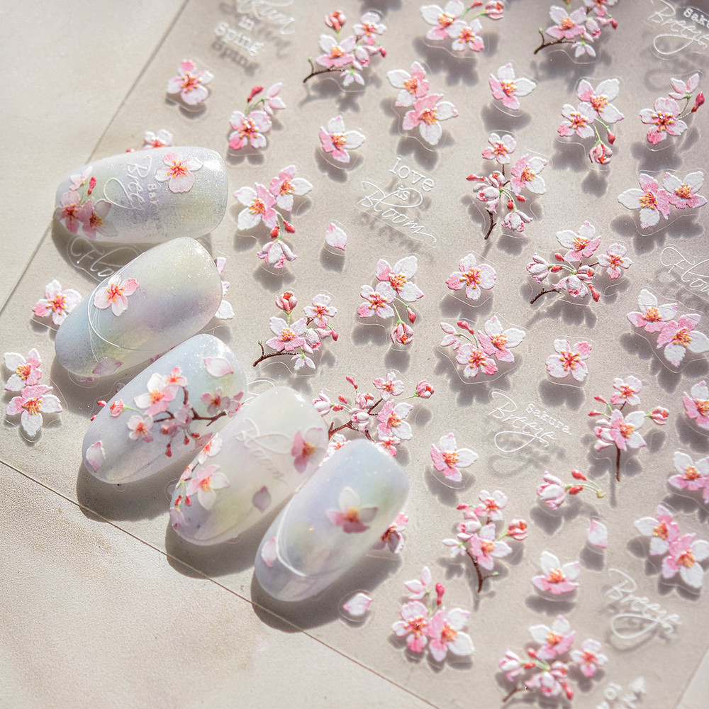 Flowers Blooming Cherry Blossom Sakura Nail Art Stickers, 5D Soft Relief Spring Adhesive Manicure Decals for a Chic