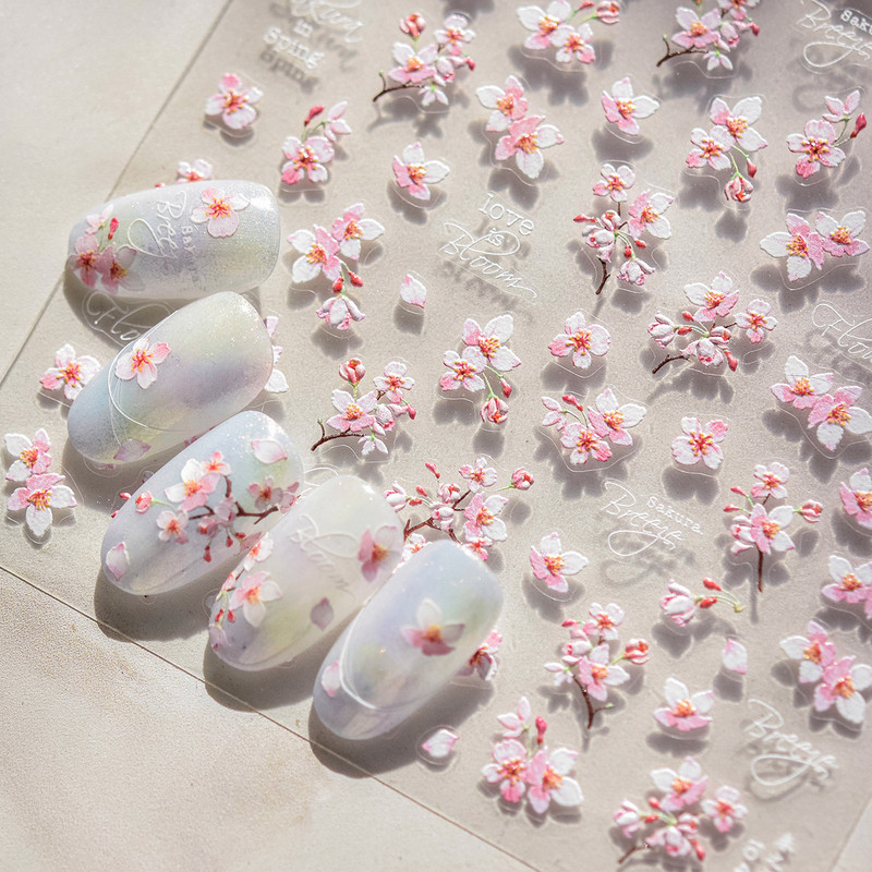 Flowers Blooming Cherry Blossom Sakura Nail Art Stickers, 5D Soft Relief Spring Adhesive Manicure Decals for a Chic