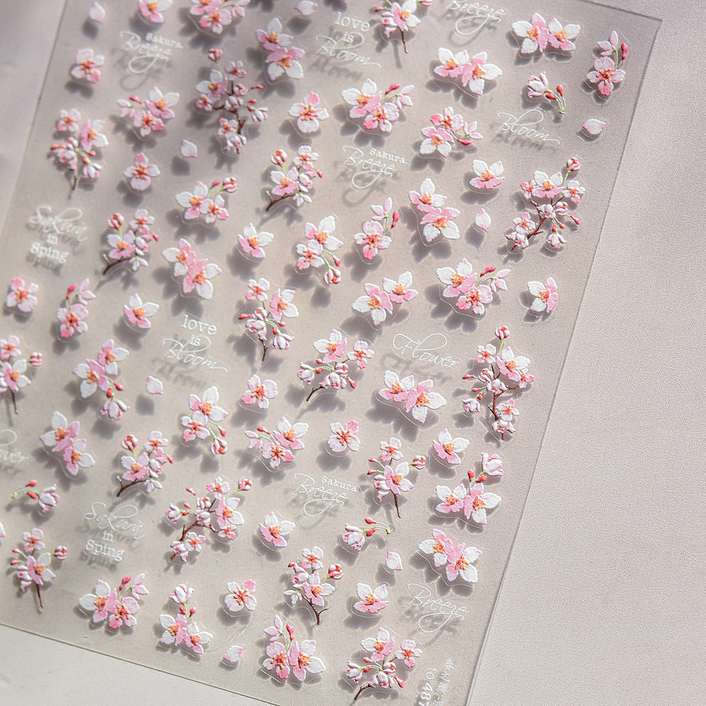Flowers Blooming Cherry Blossom Sakura Nail Art Stickers, 5D Soft Relief Spring Adhesive Manicure Decals for a Chic