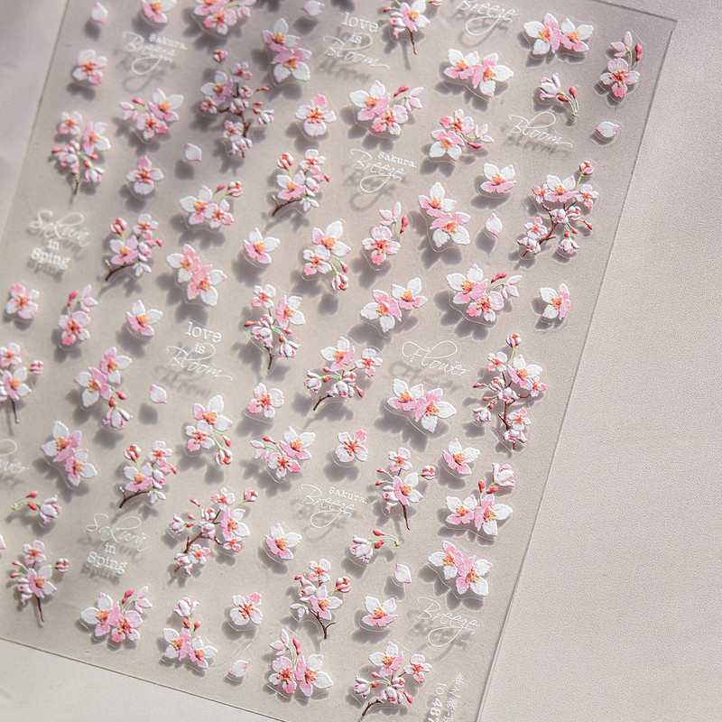 Flowers Blooming Cherry Blossom Sakura Nail Art Stickers, 5D Soft Relief Spring Adhesive Manicure Decals for a Chic