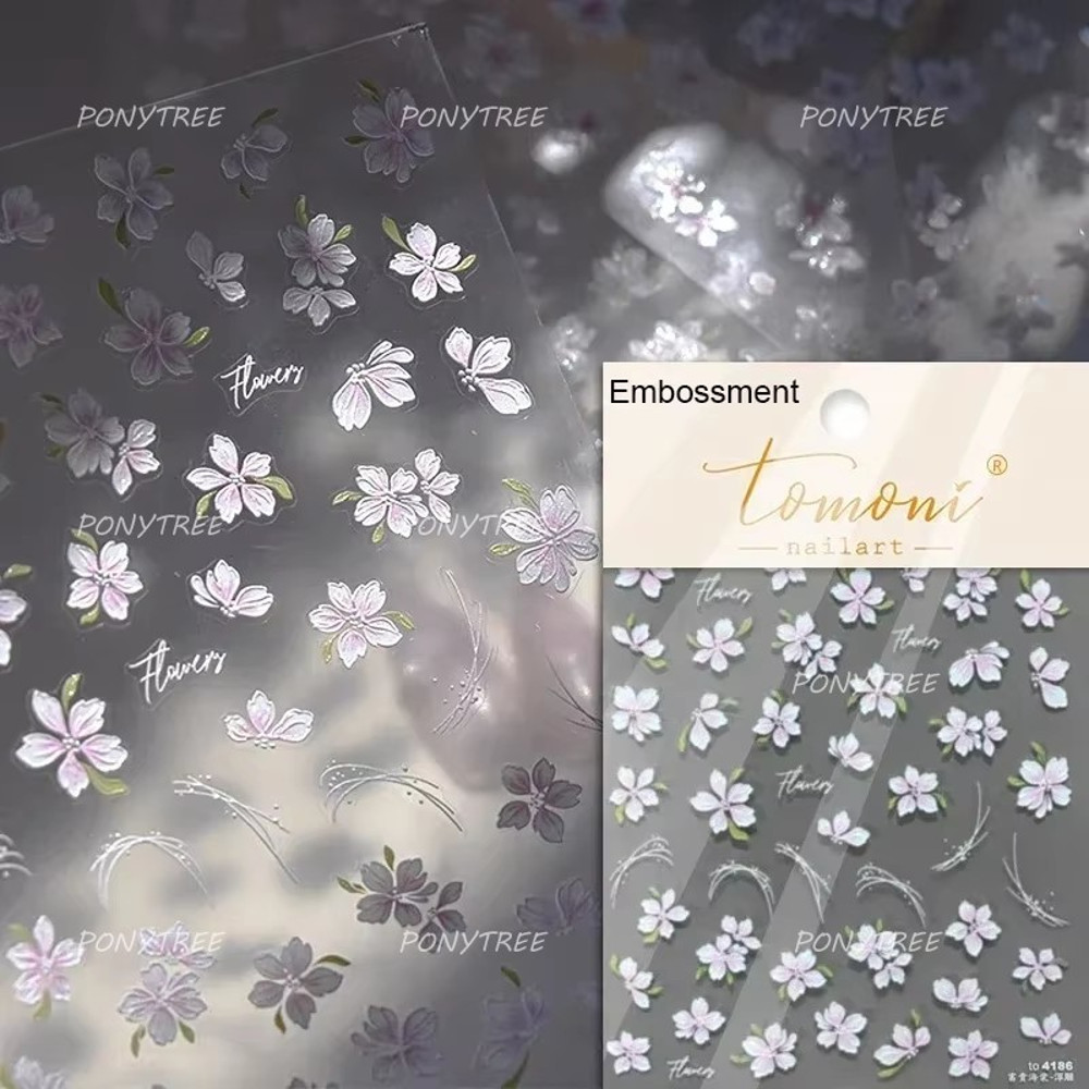 Flowers Blooming Cherry Blossom Sakura Nail Art Stickers, 5D Soft Relief Spring Adhesive Manicure Decals for a Chic