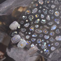 shiny blowing bubble nail decorations stickers, 5d shell light love cat design, diy summer manicure decals, transfer