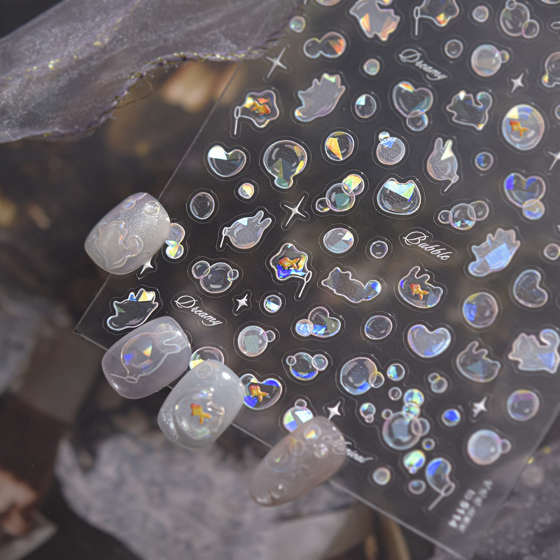 Shiny Blowing Bubble Nail Decorations Stickers, 5D Shell Light Love Cat Design, DIY Summer Manicure Decals, Transfer