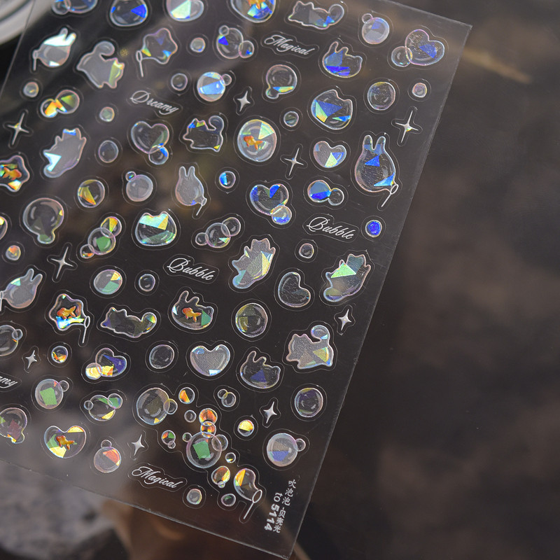 Shiny Blowing Bubble Nail Decorations Stickers, 5D Shell Light Love Cat Design, DIY Summer Manicure Decals, Transfer