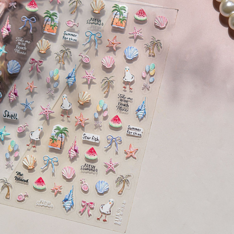 Shiny Blowing Bubble Nail Decorations Stickers, 5D Shell Light Love Cat Design, DIY Summer Manicure Decals, Transfer