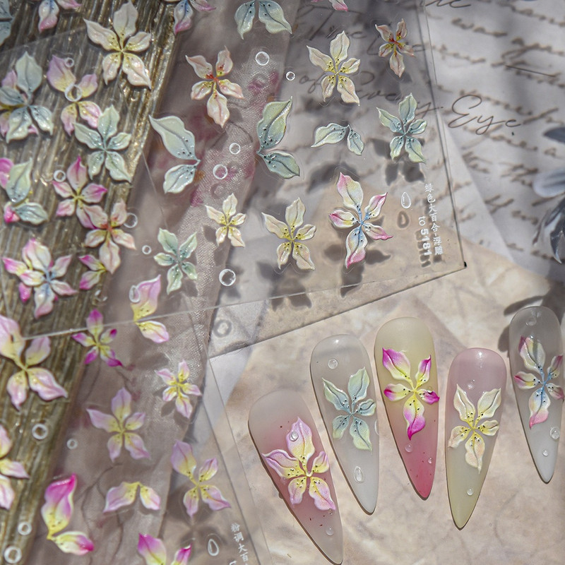 Colourful Frangipani, Bright Lily Flowers Nail Art Stickers, Gradual Petal Vivid Dew Delicate Romantic Manicure Decals
