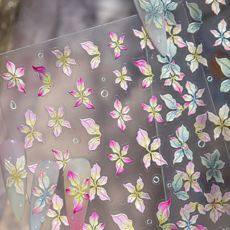 Colourful Frangipani, Bright Lily Flowers Nail Art Stickers, Gradual Petal Vivid Dew Delicate Romantic Manicure Decals