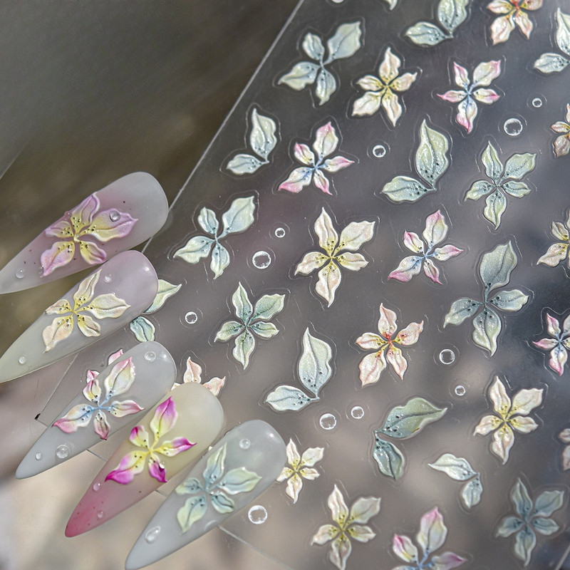 Colourful Frangipani, Bright Lily Flowers Nail Art Stickers, Gradual Petal Vivid Dew Delicate Romantic Manicure Decals