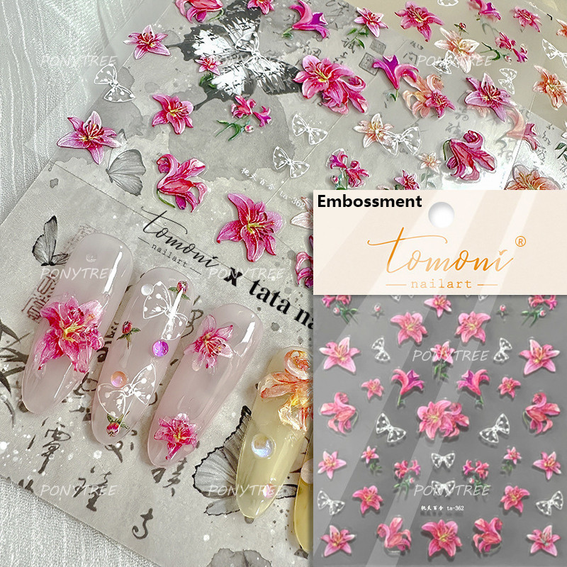 Colourful Frangipani, Bright Lily Flowers Nail Art Stickers, Gradual Petal Vivid Dew Delicate Romantic Manicure Decals
