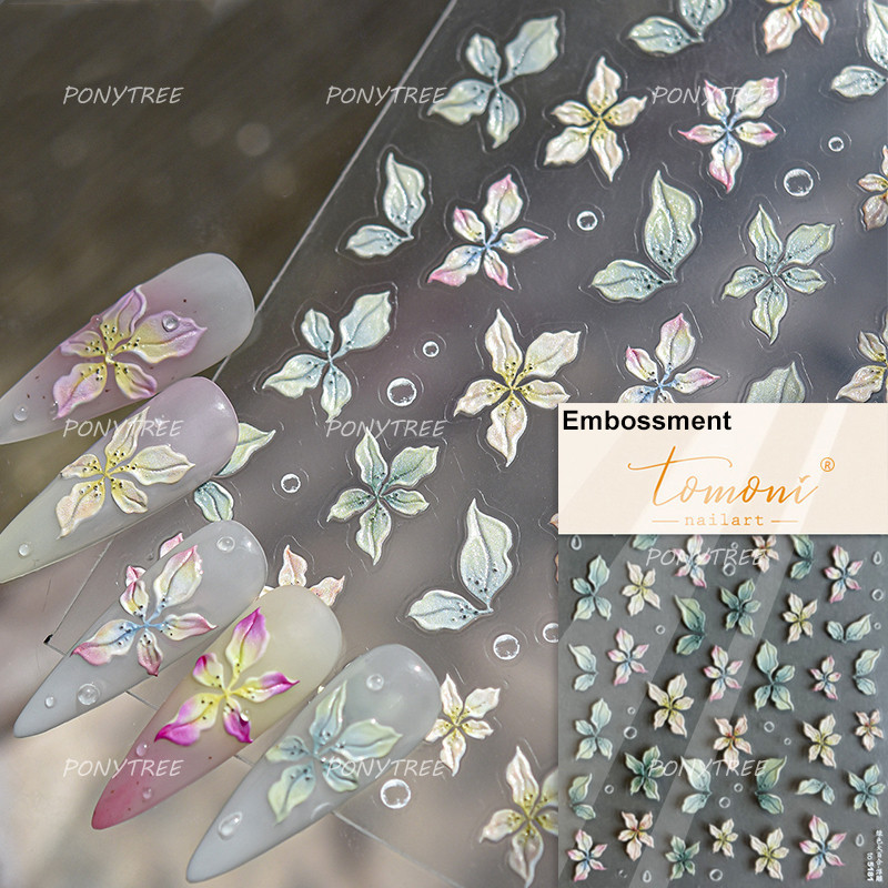 Colourful Frangipani, Bright Lily Flowers Nail Art Stickers, Gradual Petal Vivid Dew Delicate Romantic Manicure Decals
