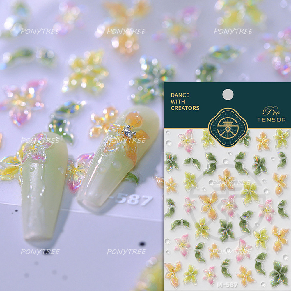 Colourful Frangipani, Bright Lily Flowers Nail Art Stickers, Gradual Petal Vivid Dew Delicate Romantic Manicure Decals