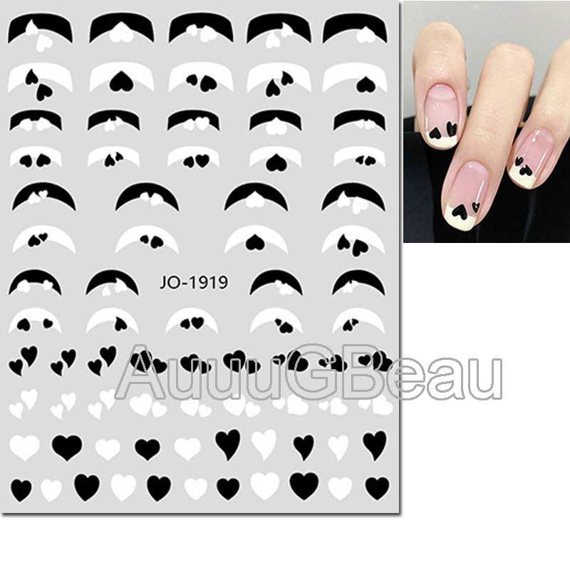 3D Nail Art Stickers, Red Black White Love Hearts, Stars Clouds French Full Adhesive Nail Decals Slider for Manicure