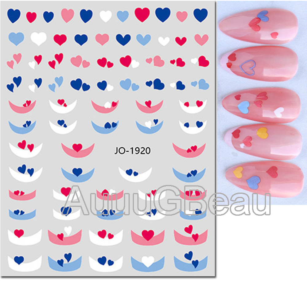 3D Nail Art Stickers, Red Black White Love Hearts, Stars Clouds French Full Adhesive Nail Decals Slider for Manicure