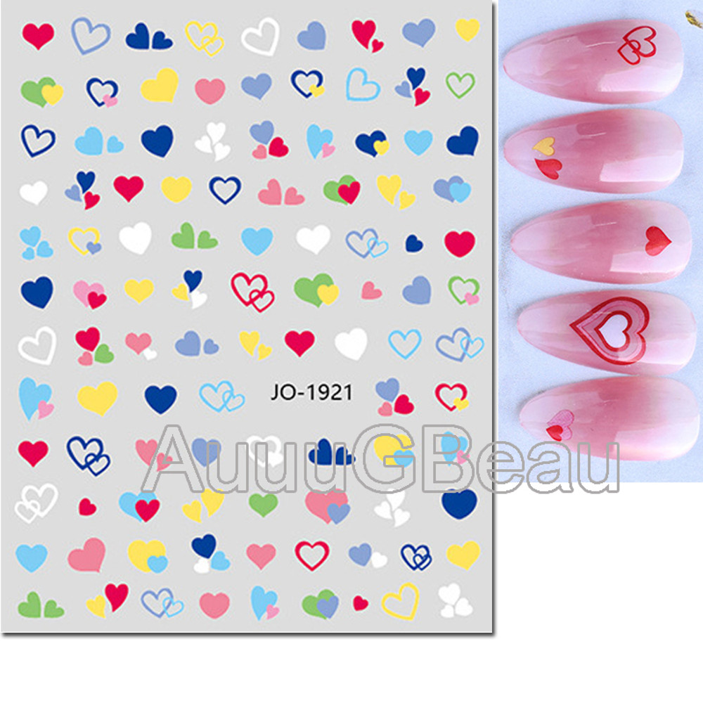 3D Nail Art Stickers, Red Black White Love Hearts, Stars Clouds French Full Adhesive Nail Decals Slider for Manicure