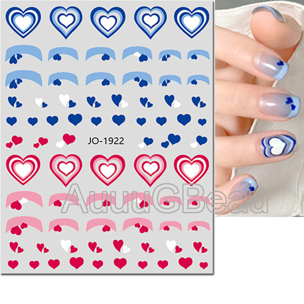 3D Nail Art Stickers, Red Black White Love Hearts, Stars Clouds French Full Adhesive Nail Decals Slider for Manicure