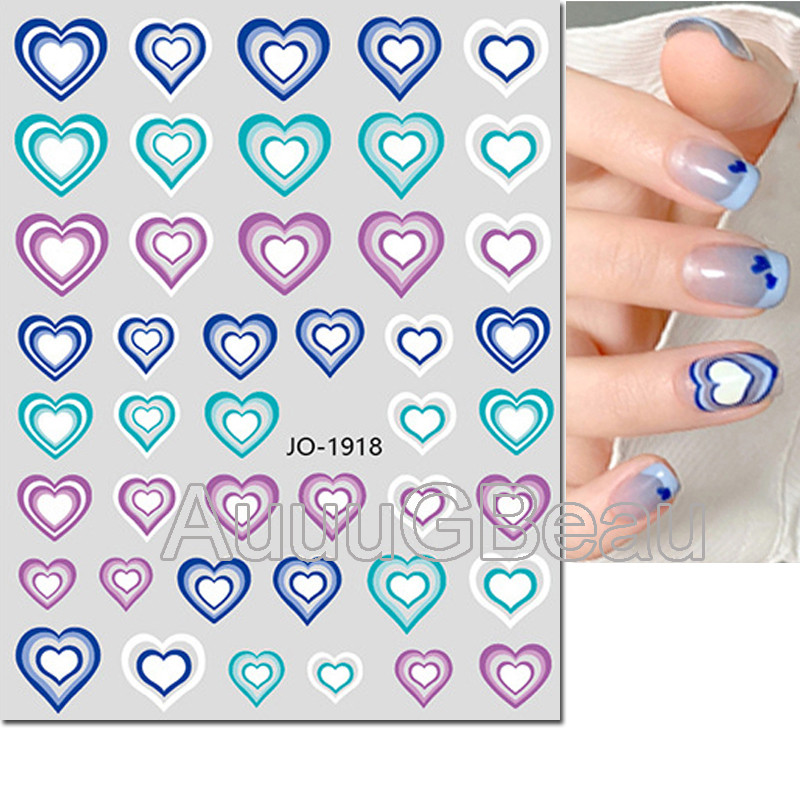 3D Nail Art Stickers, Red Black White Love Hearts, Stars Clouds French Full Adhesive Nail Decals Slider for Manicure