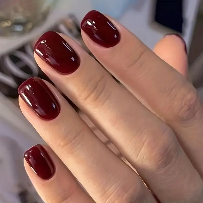 24Pcs Solid Color Wine Red Press on Nails, Short Square False Nails, Simple Detachable Finished Full Cover Nail Tips