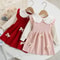Autumn Kids Girls Princess Dress with 3D Bear Bow, Korea Style Red Spliced Sweater Dress for Toddlers