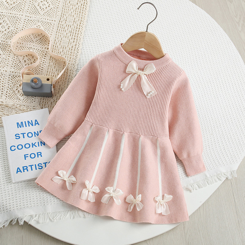 Autumn Kids Girls Princess Dress with 3D Bear Bow, Korea Style Red Spliced Sweater Dress for Toddlers