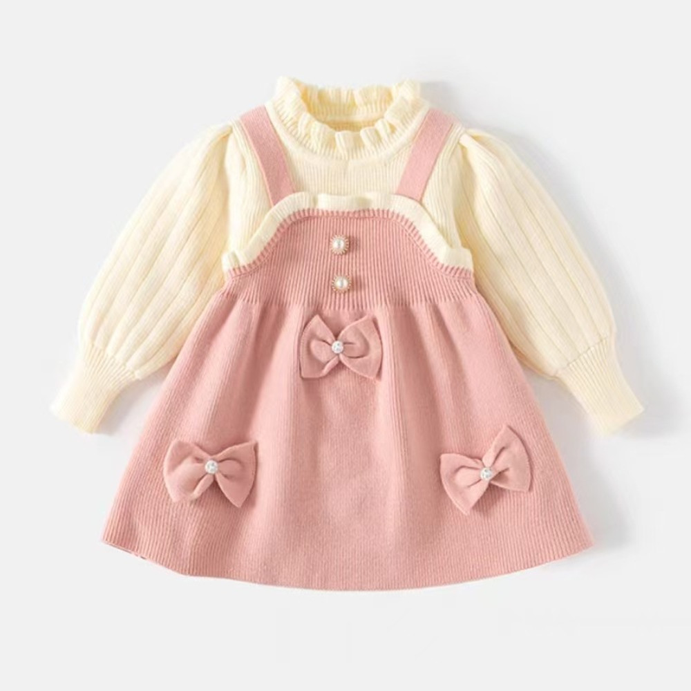 Autumn Kids Girls Princess Dress with 3D Bear Bow, Korea Style Red Spliced Sweater Dress for Toddlers