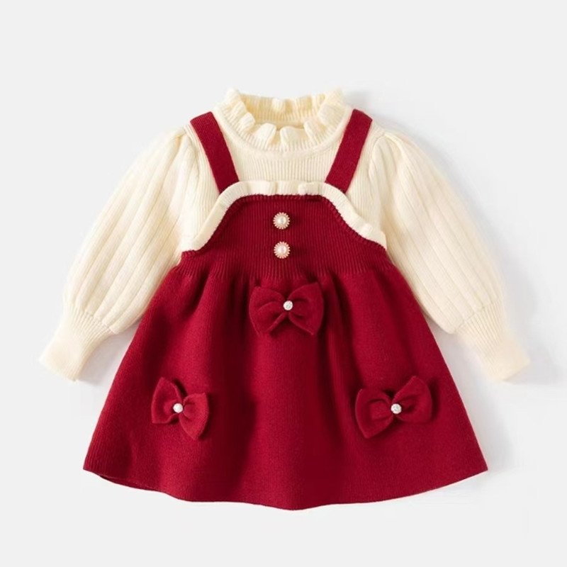 Autumn Kids Girls Princess Dress with 3D Bear Bow, Korea Style Red Spliced Sweater Dress for Toddlers
