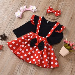 minnie mouse dress outfit for girls 1-5 years, summer baby clothing set with dots top, skirt headband