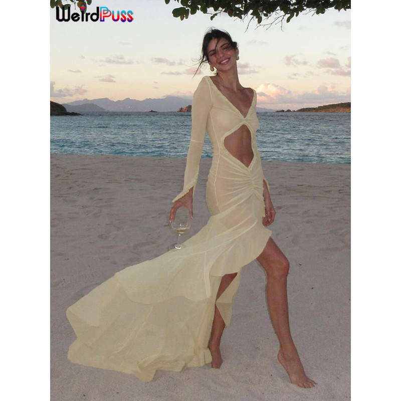 Weird Puss Sexy Sheer Womens Dress Elegant Hollow VNeck With Long Sleeves Ruffles Lace  Ruched Body 1