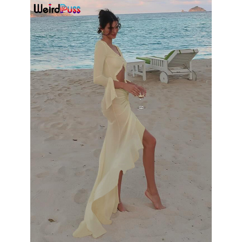 Weird Puss Sexy Sheer Womens Dress Elegant Hollow VNeck With Long Sleeves Ruffles Lace  Ruched Body 2