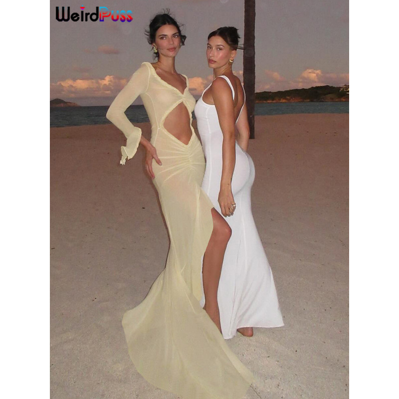 Weird Puss Sexy Sheer Womens Dress Elegant Hollow VNeck With Long Sleeves Ruffles Lace  Ruched Body 3