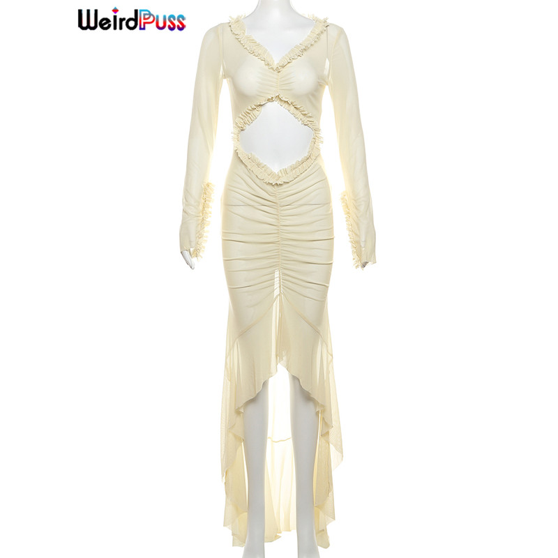 Weird Puss Sexy Sheer Womens Dress Elegant Hollow VNeck With Long Sleeves Ruffles Lace  Ruched Body 5