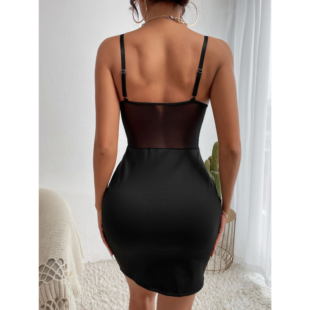 Y2K Sexy Club Party Dress, Women's Hollowing Mesh See-Through Slim Nightclub Wear with Fishbone Halter, Sheer Hip Skirt