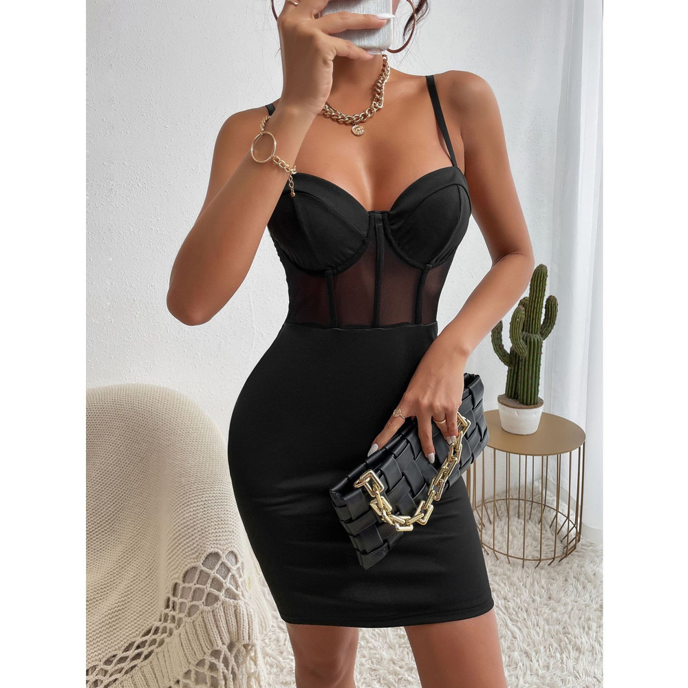 Y2K Sexy Club Party Dress, Women's Hollowing Mesh See-Through Slim Nightclub Wear with Fishbone Halter, Sheer Hip Skirt