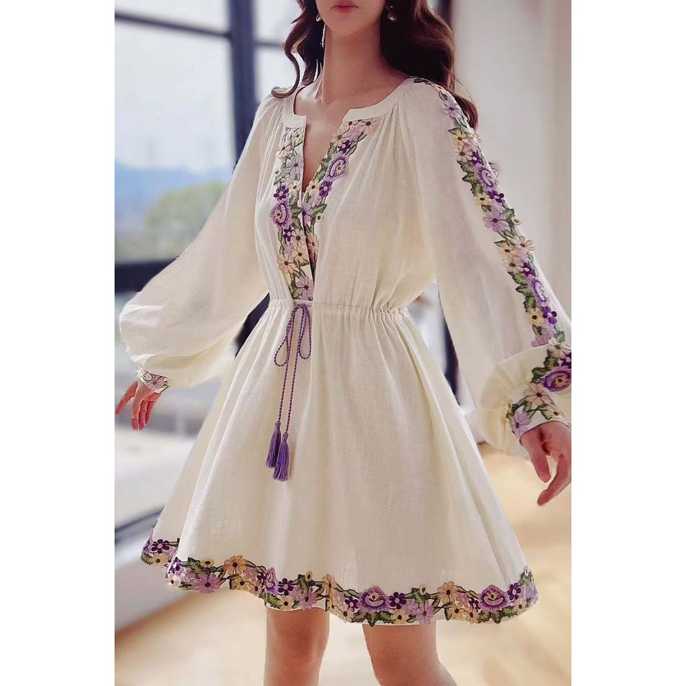 Spring Embroidery Dress, Womens Chiffon Dress with Lantern Sleeves Beach Style Knee Length Skirt Fashion