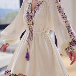 spring embroidery dress, womens chiffon dress with lantern sleeves beach style knee length skirt fashion