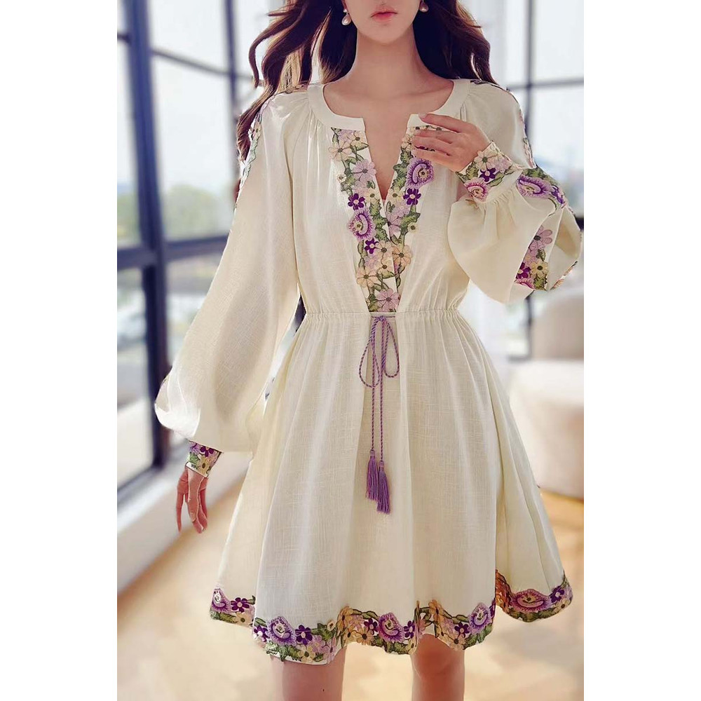 Spring Embroidery Dress, Womens Chiffon Dress with Lantern Sleeves Beach Style Knee Length Skirt Fashion