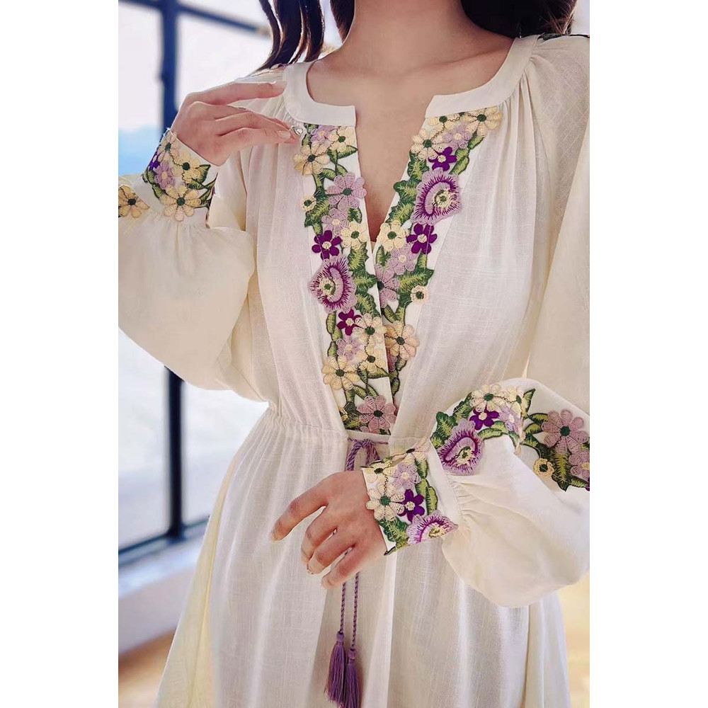 Spring Embroidery Dress, Womens Chiffon Dress with Lantern Sleeves Beach Style Knee Length Skirt Fashion