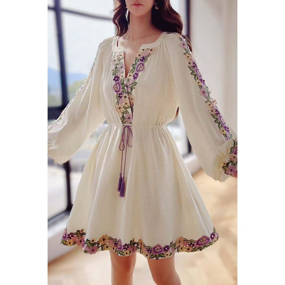 Spring Embroidery Dress, Womens Chiffon Dress with Lantern Sleeves Beach Style Knee Length Skirt Fashion