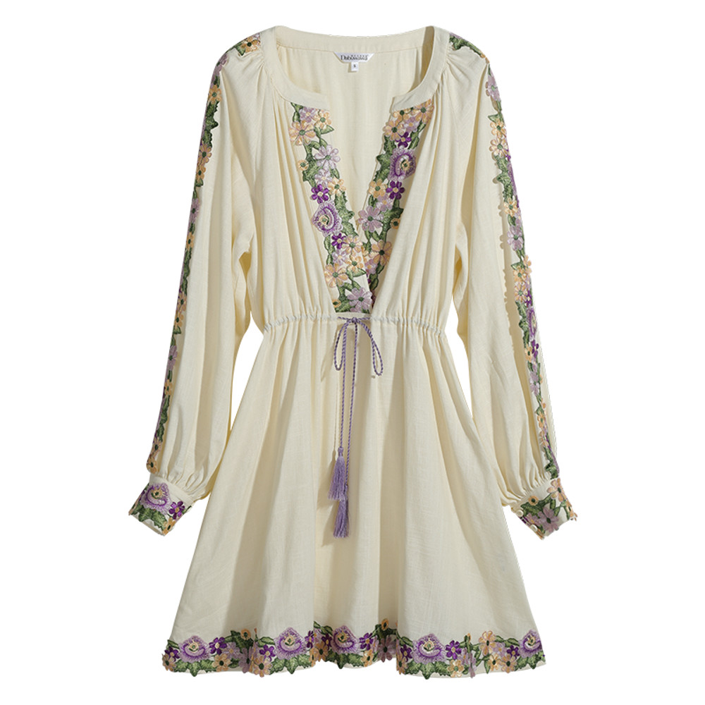 Spring Embroidery Dress, Womens Chiffon Dress with Lantern Sleeves Beach Style Knee Length Skirt Fashion