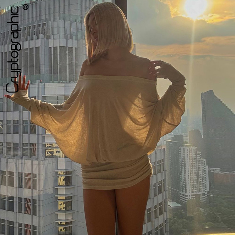 Cryptographic Fashion Off Shoulder Sheer Mini Dress, Sexy Ruched Bodycon Party Dress for Women with Long Sleeves