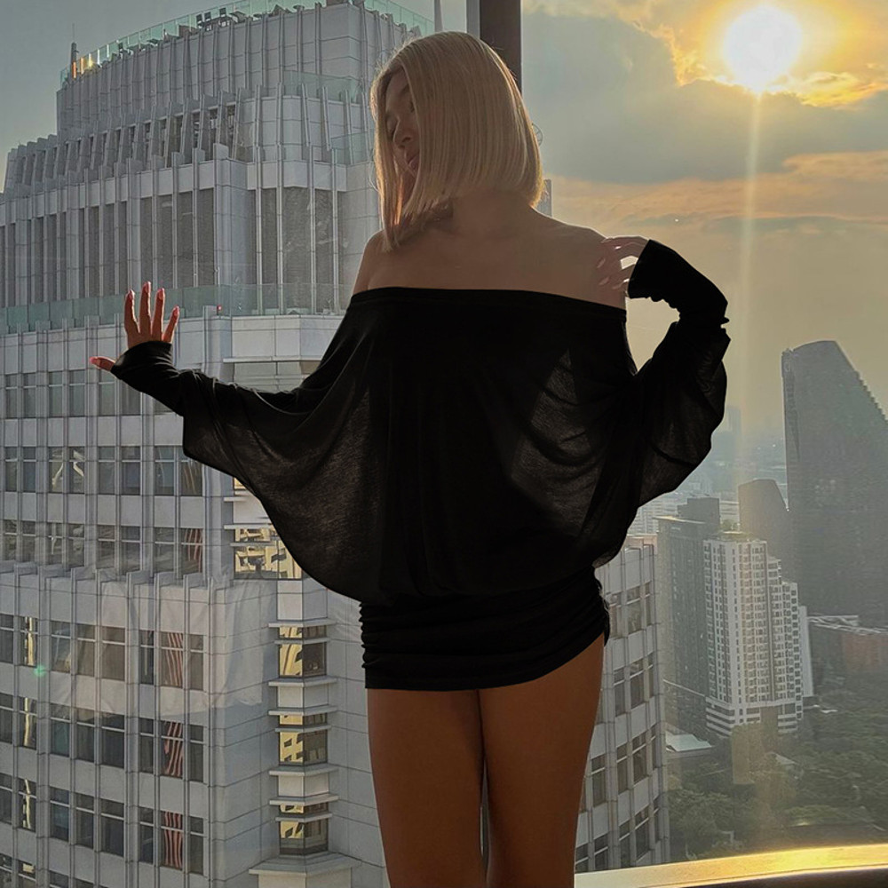 Cryptographic Fashion Off Shoulder Sheer Mini Dress, Sexy Ruched Bodycon Party Dress for Women with Long Sleeves
