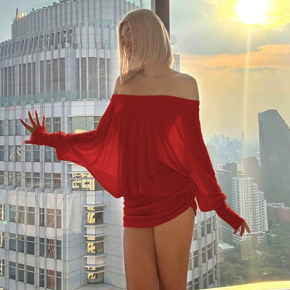 Cryptographic Fashion Off Shoulder Sheer Mini Dress, Sexy Ruched Bodycon Party Dress for Women with Long Sleeves