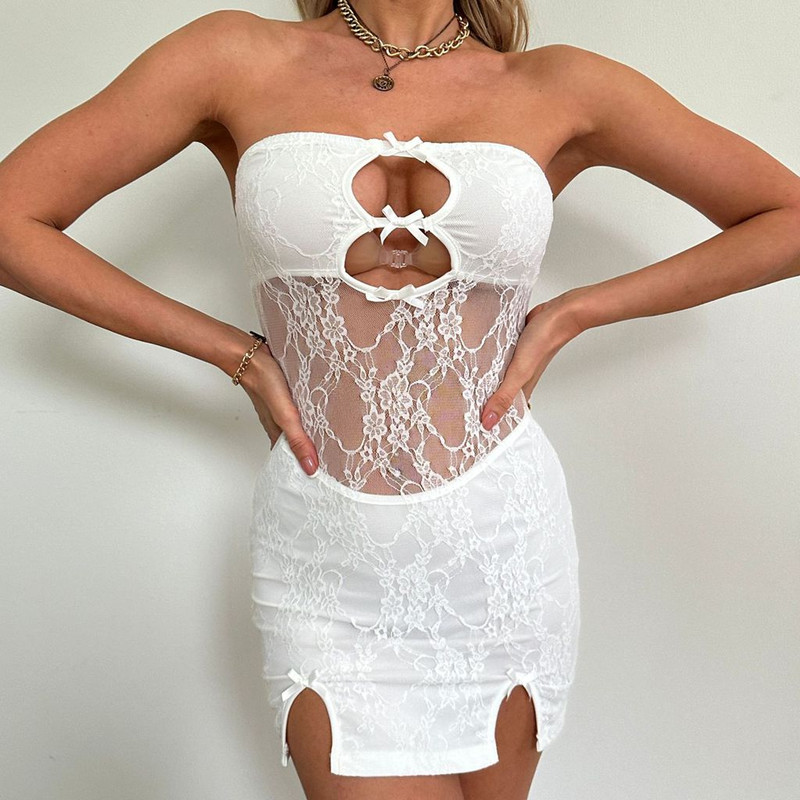 Women's Summer Y2K Tube Dress, Sleeveless Off-Shoulder Bodycon with Sheer Floral Lace, Bust Cutout Through Slim Fit