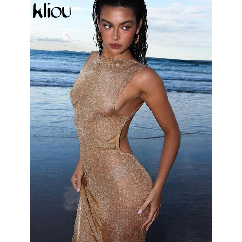 Kliou Women's Shiny Long Dress, Stunning Sleeveless Bodycon with Sheer Mesh & Backless Design for Elegant Summer Fashion